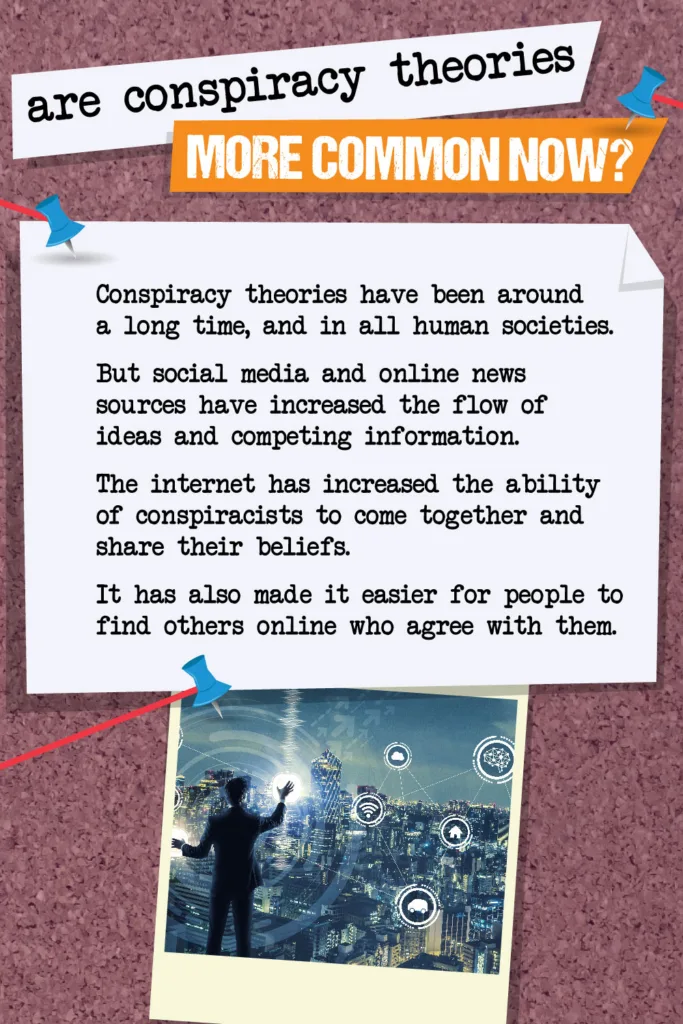 Are conspiracy theories more common now? Conspiracy theories have been around a long time, and in all human societies. But social media and online news sources have increased the flow of ideas and competing information. The internet has increased the ability of conspiracists to come together and share their beliefs. It has also made it easier for people to find others online who agree with them.
