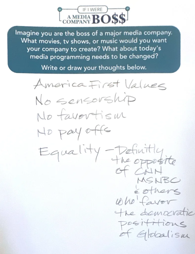 [Disclaimer: grammar left as authors intended] America First Values No sensorship No favortism No payoffs Equality - Definitly the opposite of CNN MSNBC & others who favor the democractic posititions of Globalism