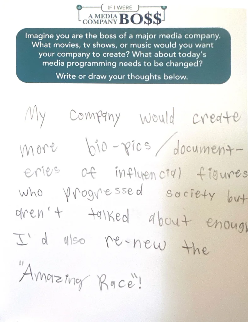 [Disclaimer: grammar left as authors intended] My company would create more bio-pics/document-eries of influencial figures who progressed society but aren’t talked about enough I’d also re-new the “Amazing Race”!