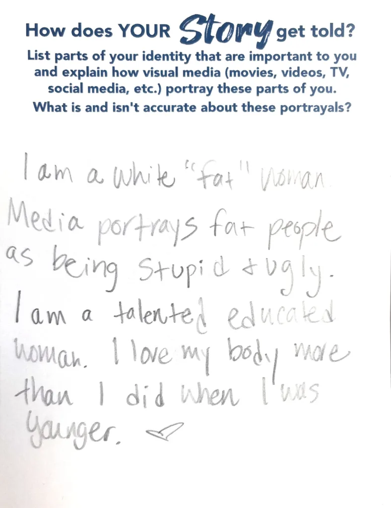 [Disclaimer: grammar left as authors intended] I am a white “fat” woman Media portrays fat people as being stupid + ugly. I am a talented educated woman. I love my body more than I did when I was younger.