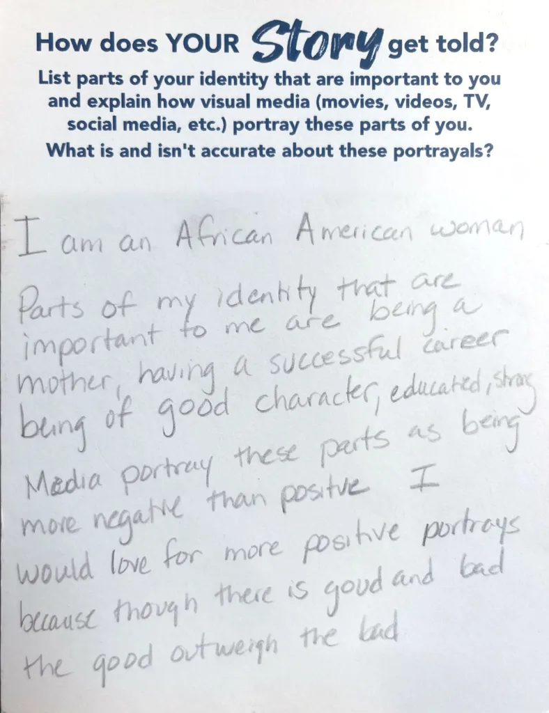 [Disclaimer: grammar left as authors intended] I am an African American woman Parts of my identity that are important to me are being a mother, having a successful career being of good character, educated, strong media portray these parts as being more negative than positive I would love for more positive portrays because though there is good and bad the good outweighs the bad